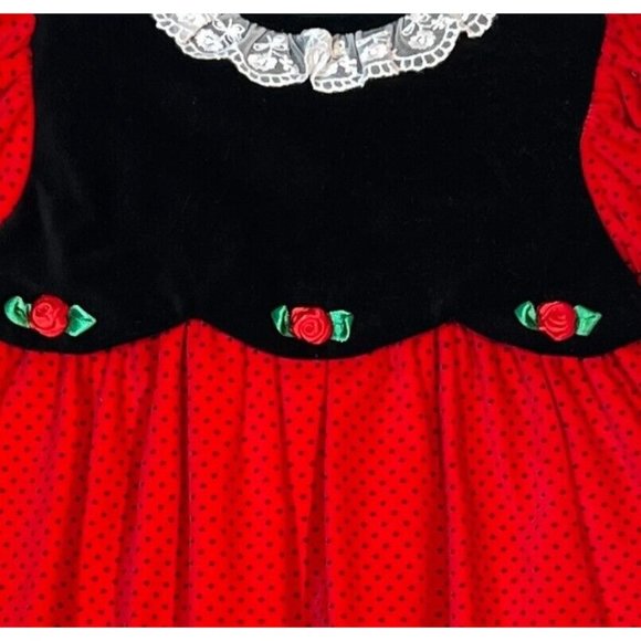 New Toddler Girl Red Dress Size 18 Month Velvet Black Rose Lace Polka Dot VTG - Picture 6 of 6